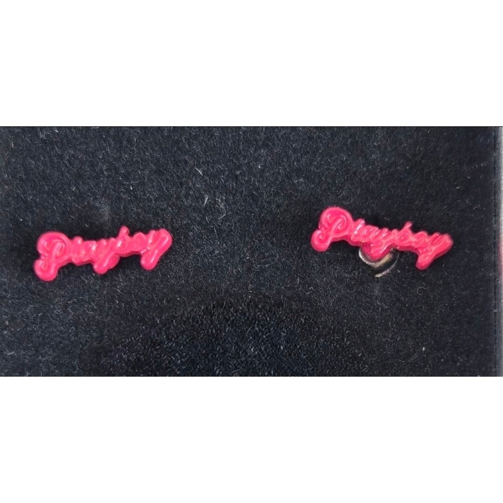 Playboy Script Logo Stud Earrings Hot Pink Enamel Y2K Aesthetic Jewelry Pair